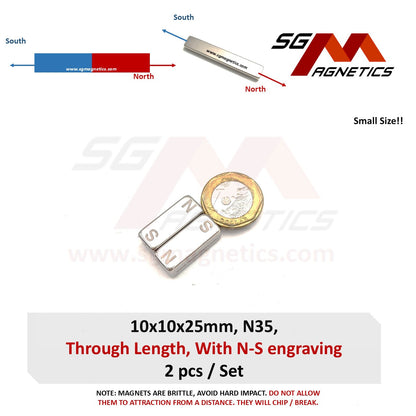 10x10x25mm N35 Magnetized Through Length - Neodymium Block Magnet - 2pcs