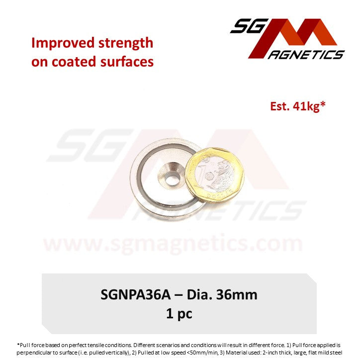 Improved 36mm Countersunk Pot Magnet - SGNPA36X - A: 43kg , X:46kg