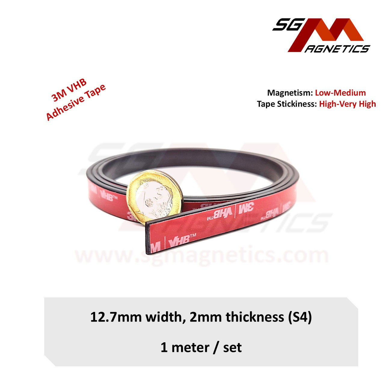 12.7mm Magnetic Tape - 2mm Thk Ver. S4 - Flexible Magnet Roll with 3M Adhesive