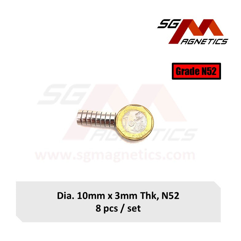 10x3mm N52 - Neodymium Disc Magnets - 8pcs