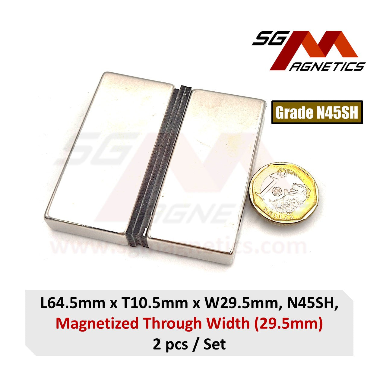 64.5x10.5x29.5mm N45SH Diametrically Magnetized - Neodymium Block - 2pcs