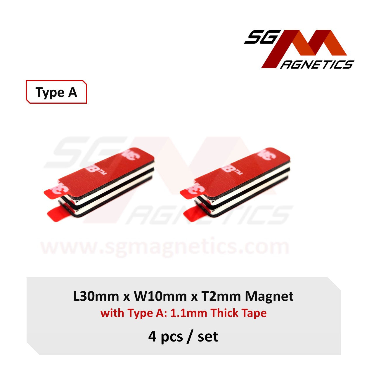 30x10x2mm N35 Type A Tape - Magnets with 3M Double Sided Adhesive Tape - 4pcs