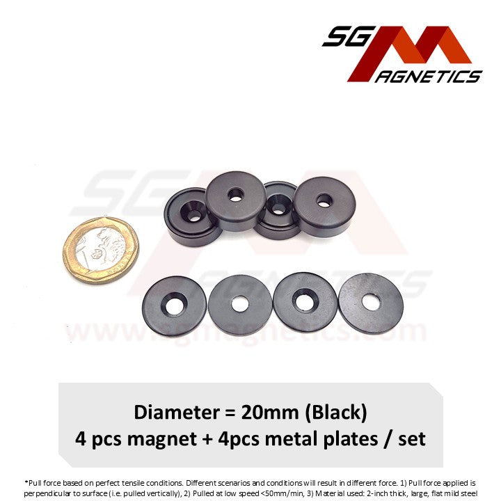 20mm Black Countersunk Pot SGNPA20 - Neodymium Magnet - 4pcs