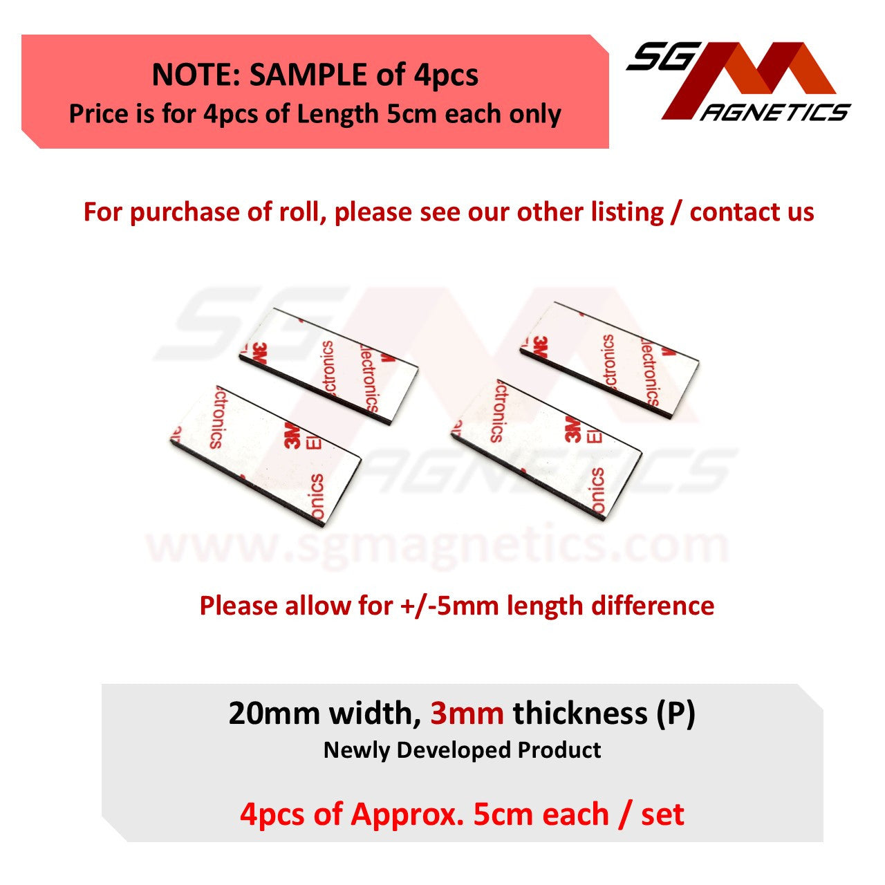 Sample 50x20x3mm Flexible Neodymium Magnetic Strip, Ver. P - 4pcs