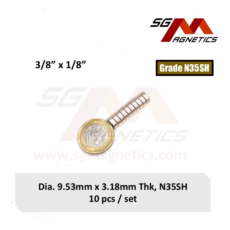 3/8" x 1/8", 9.53x3.18mm N35SH - Neodymium Disc Magnets - 10pcs