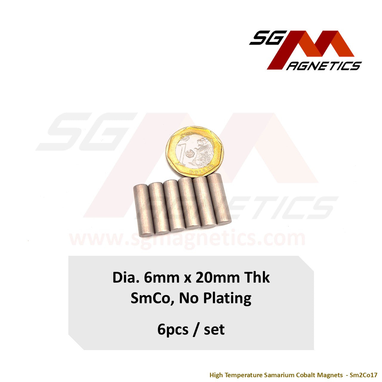 6x20mm - Samarium Cobalt SmCo Disc Magnets - 6pcs