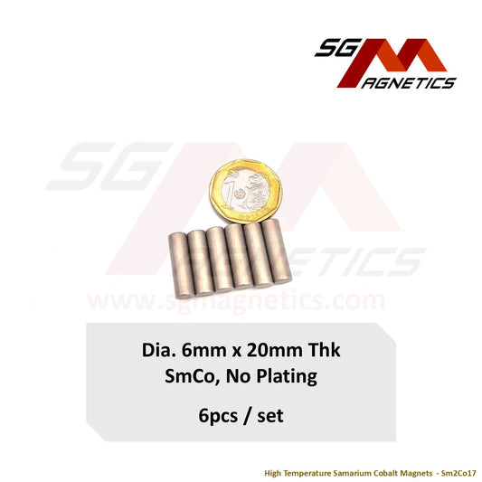 6x20mm - Samarium Cobalt SmCo Disc Magnets - 6pcs