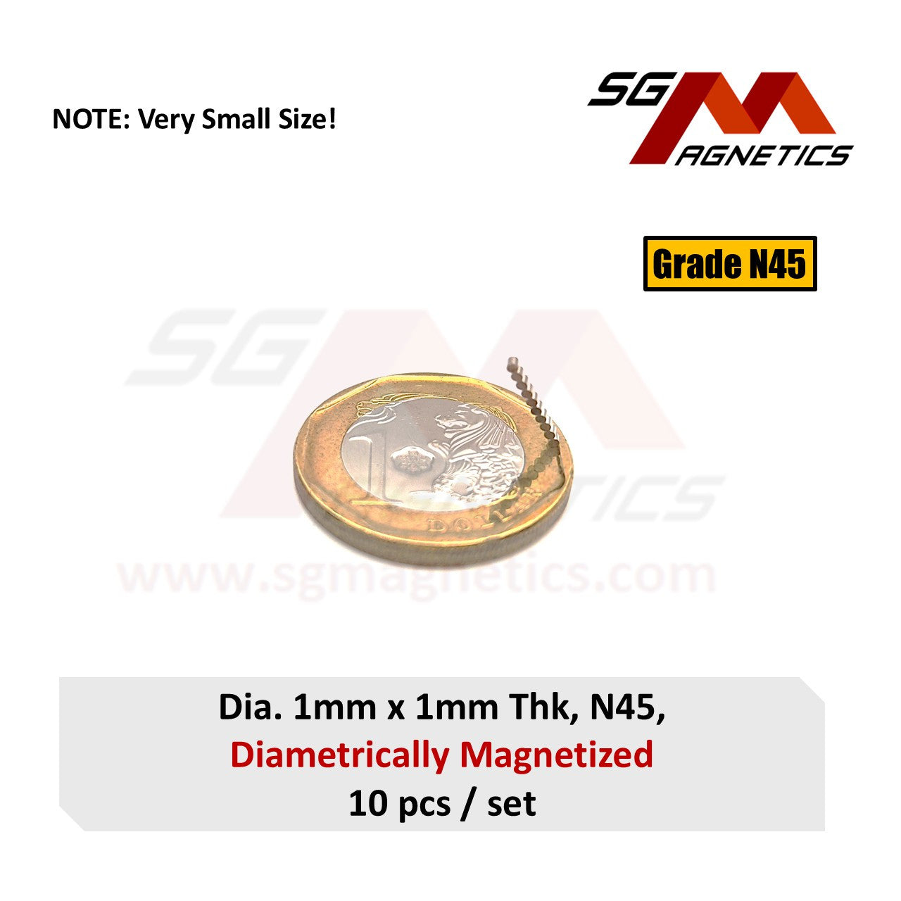 1x1mm N45 Diametrically Magnetized - Neodymium Disc - 10pcs Diametrical