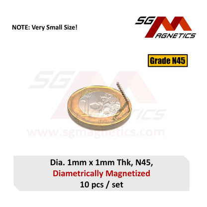 1x1mm N45 Diametrically Magnetized - Neodymium Disc - 10pcs Diametrical