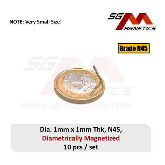 1x1mm N45 Diametrically Magnetized - Neodymium Disc - 10pcs Diametrical