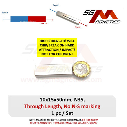 10x15x50mm N35 Magnetized Through Length - Neodymium Block Magnet Bar - 1pcs