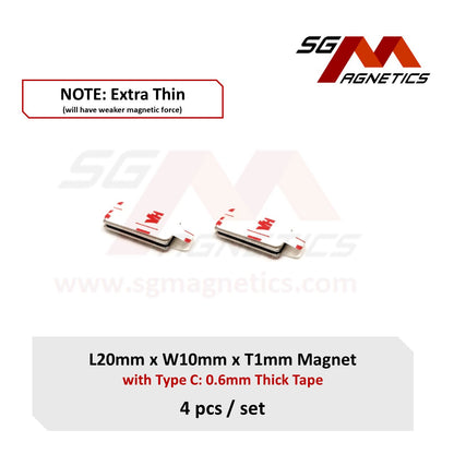 20x10x1mm N35 Type C Tape - Magnets with 3M Double Sided Adhesive Tape - 4pcs