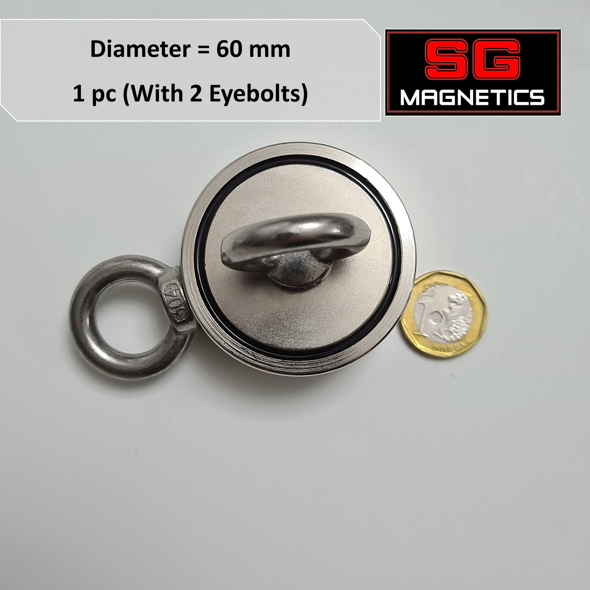 D60 Neodymium Pot Magnet SGNFD60 - Dual Eyebolt - 1pc