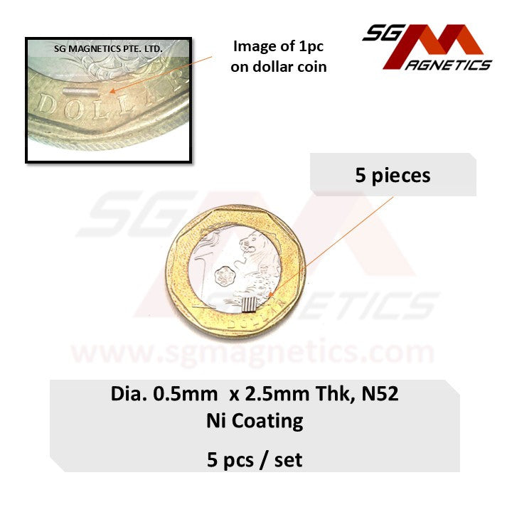 0.5x2.5mm N52 - Micro Magnets - Cylinder - 5pcs