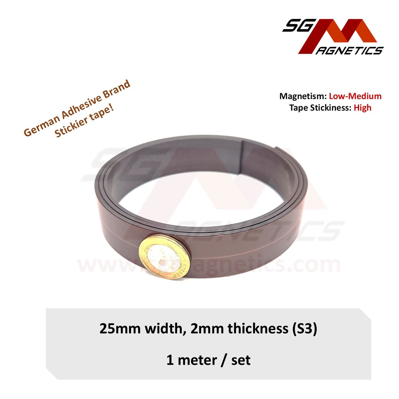 25mm Magnetic Tape - 2mm Thk Ver. S3 - Flexible Magnet Roll with 3M Adhesive