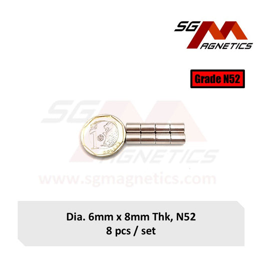 6x8mm N52 - Neodymium Disc Magnets - 8pcs