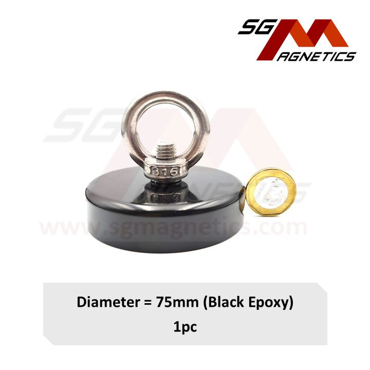 75mm Black Epoxy Coated Countersunk Fishing Pot SGNFA75 - Neodymium Magnet