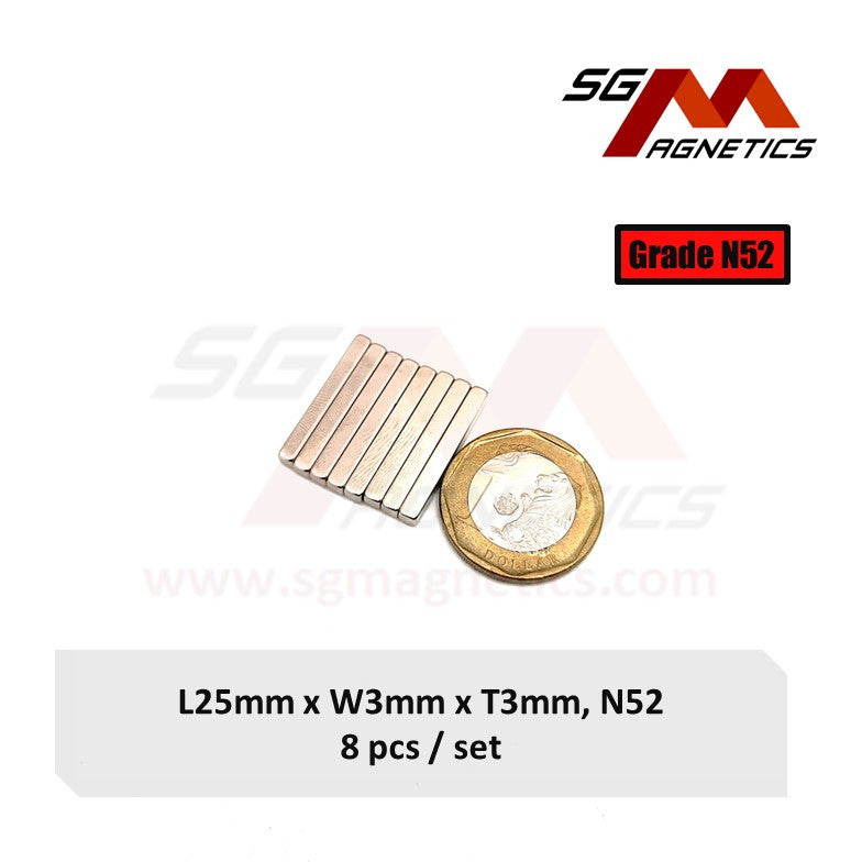 25x3x3mm N52 - Neodymium Block Magnets - 8pcs