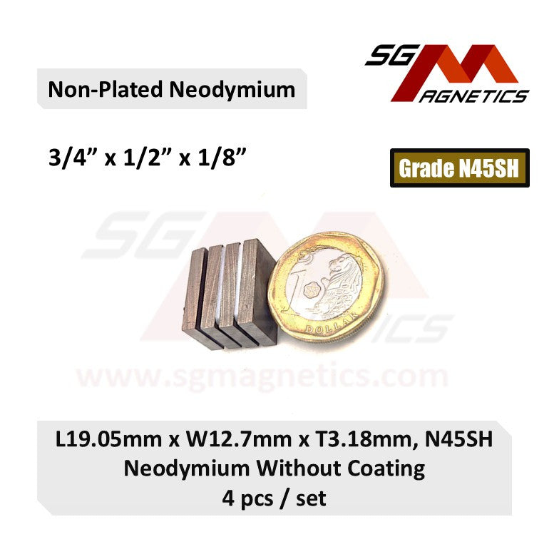 ¾"x ½"x 1⁄8", 19.05x12.7x3.18mm N45SH - No Plating Neodymium Block Magnet - 4pcs