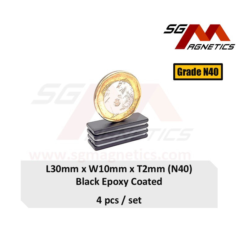 30x10x2mm N40 - Black Epoxy Neodymium Block Magnets - 4pcs