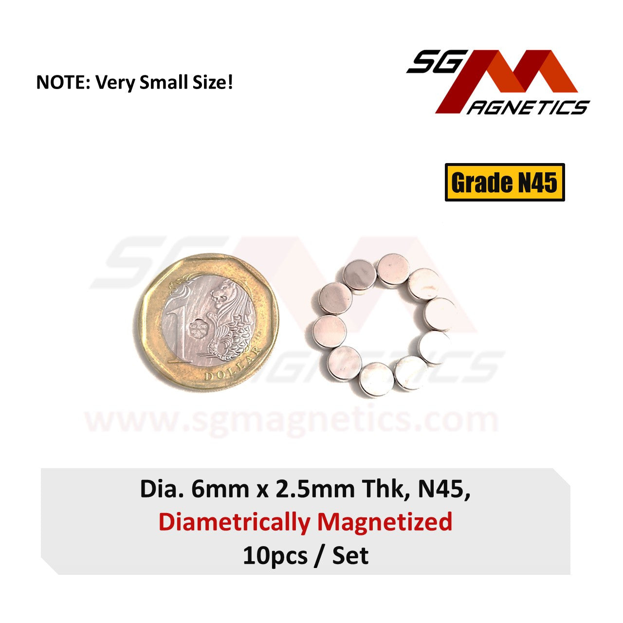 6x2.5mm N45 Diametrically Magnetized - Neodymium Disc Magnets - 10pcs