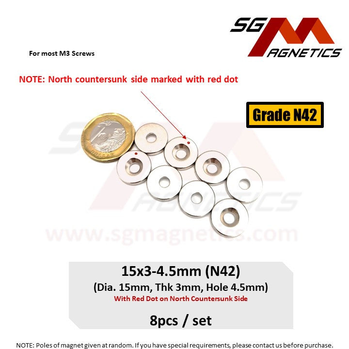 15x3-4.5mm N42 - Countersunk Hole Neodymium Disc Magnets - 8pcs
