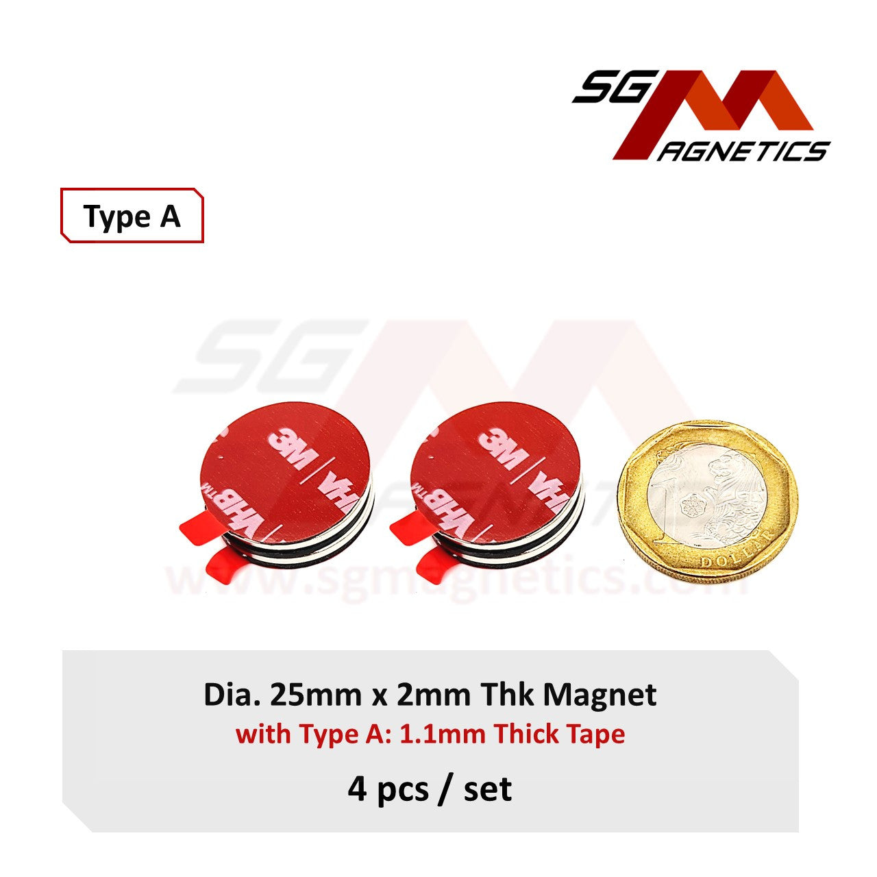 25x2mm N35 Type A Tape - Magnets with 3M 5952 Double Sided Adhesive Tape - 4pcs