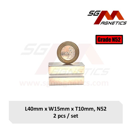 40x15x10mm N52 - Neodymium Block Magnets - 2pcs