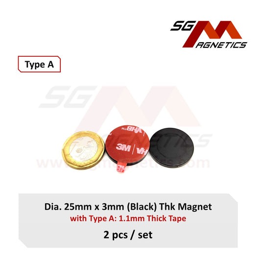 25x3mm N35 Black Type A Tape-Magnets with 3M Double Sided Adhesive Tape - 2pcs