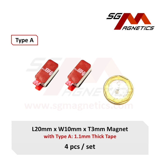 20x10x3mm N35 Type A Tape - Magnets with 3M Double Sided Adhesive Tape - 4pcs