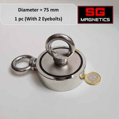 D75 Neodymium Pot Magnet SGNFD75 - Dual Eyebolt - 1pc