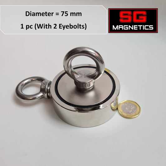 D75 Neodymium Pot Magnet SGNFD75 - Dual Eyebolt - 1pc