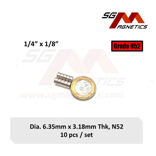1/4" x 1/8", 6.35x3.18mm N52 - Neodymium Disc Magnets - 10pcs