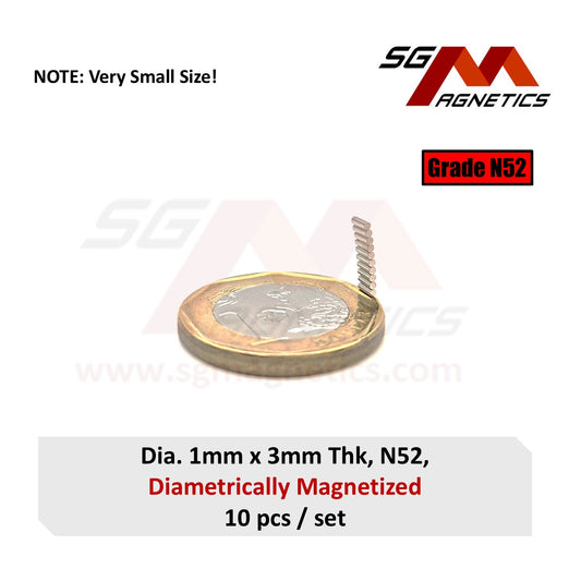 1x3mm N52 Diametrically Magnetized - Neodymium Disc - 10pcs Diametrical