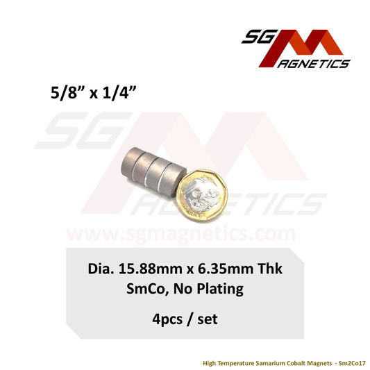 5/8" x 1/4", 15.88x6.35mm - Samarium Cobalt SmCo Disc Magnets - 4pcs