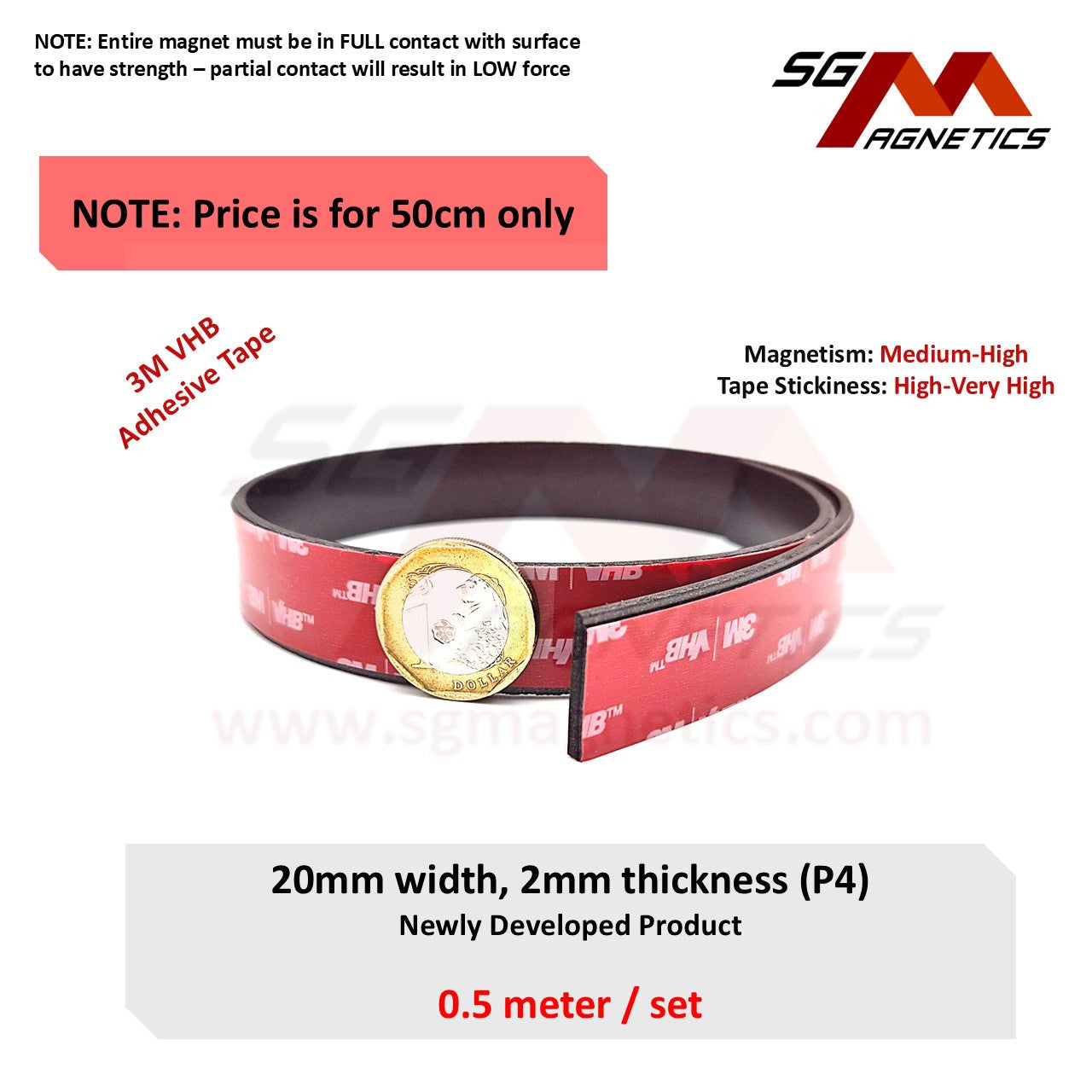 20mm T2mm Neo Flexible Magnetic Strip Roll, Ver. P4 with 3M adhesive tape