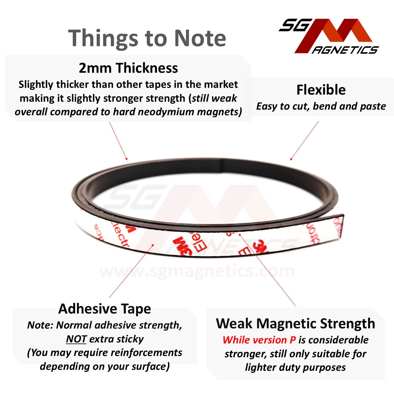 10mm Neodymium Flexible Magnetic Strip Roll, T2mm Ver. P with 3M adhesive tape