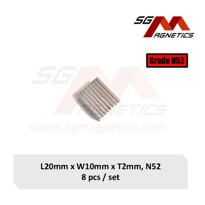 20x10x2mm N52 - Neodymium Block Magnets - 8pcs