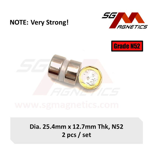 1" x 1/2", 25.4x12.7mm N52 - Neodymium Disc Magnets - 2pcs