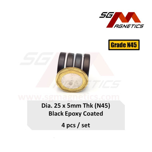 25x5mm N45 - Black Epoxy Neodymium Disc Magnets - 4pcs