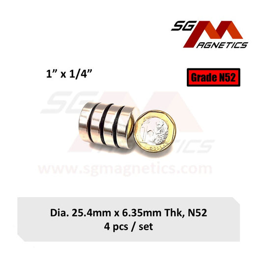 1" x 1/4", 25.4x6.35mm N52 - Neodymium Disc Magnets - 4pcs