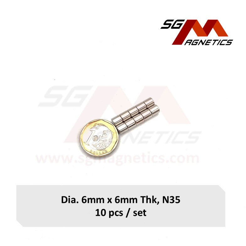 6x6mm N35 - Neodymium Disc Magnets - 10pcs