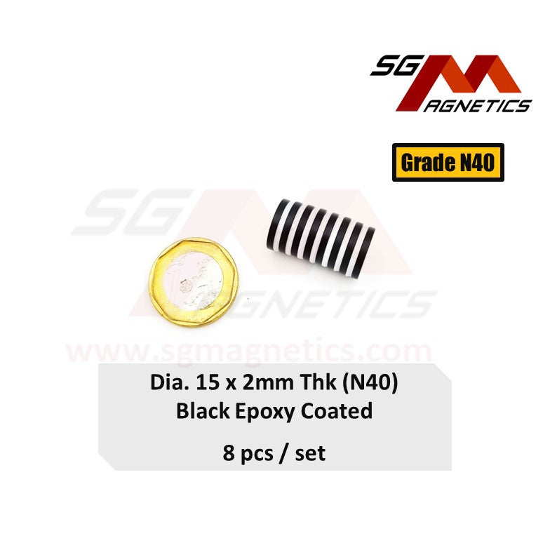 15x2mm N40 - Black Epoxy Neodymium Disc Magnets - 8pcs