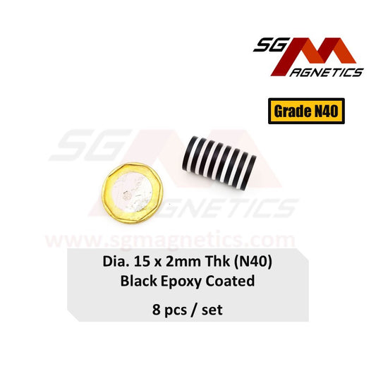 15x2mm N40 - Black Epoxy Neodymium Disc Magnets - 8pcs