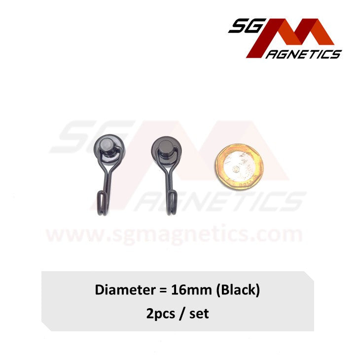 16mm Black 360° Swivel Hook Pot SGNPG16 - Neodymium Magnet - 2pcs