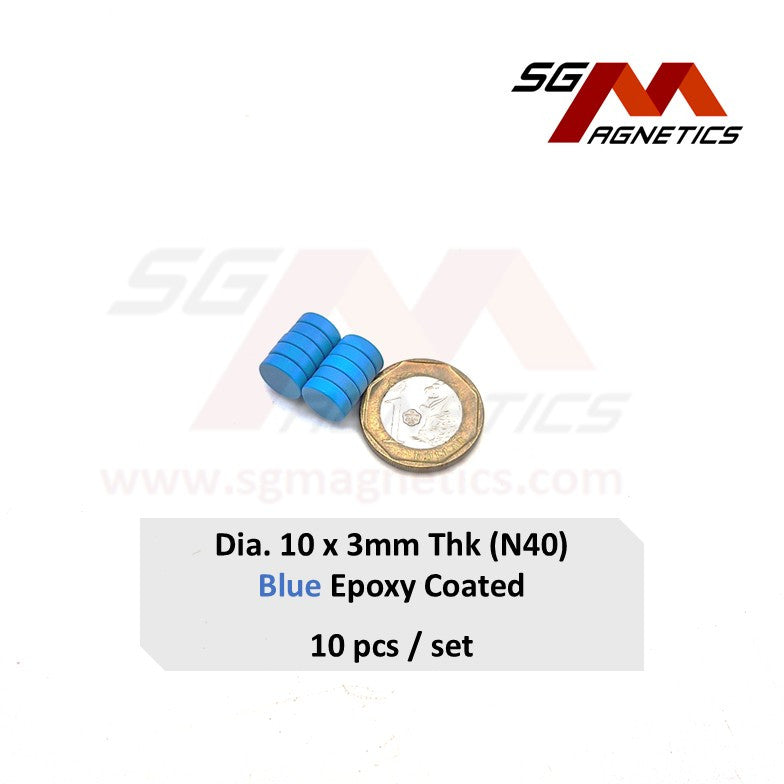 10x3mm N40 - Blue Epoxy Neodymium Disc Magnets - 10pcs