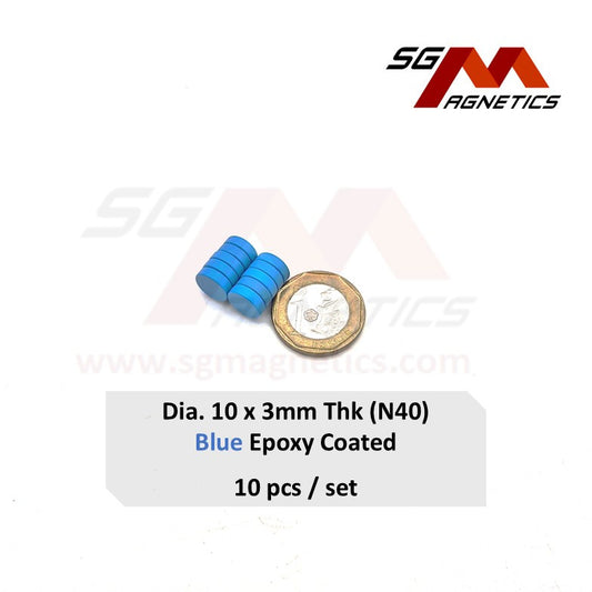 10x3mm N40 - Blue Epoxy Neodymium Disc Magnets - 10pcs