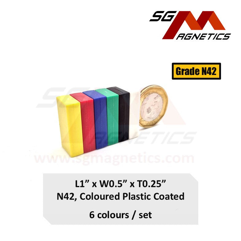 1" x 1/2" x 1/4" N42 - Coloured Plastic Coated Waterproof Magnets - 6pc set