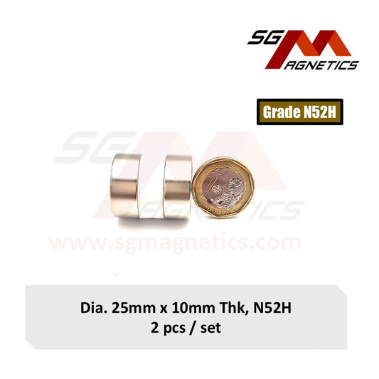 25x10mm N52H - Neodymium Disc Magnets - 2pcs