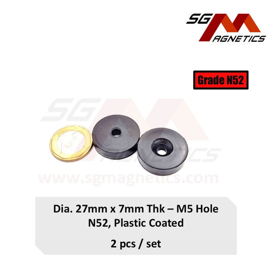 27x7-5.5mm N52 - Countersunk Hole Black Plastic Coated Waterproof Magnets - 2pcs